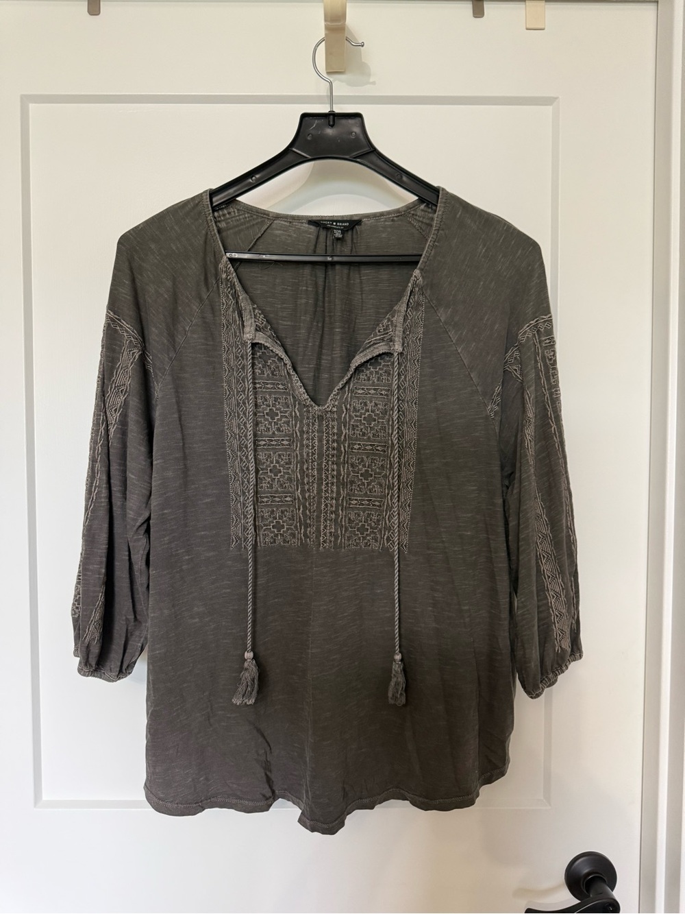 Lucky Brand Olive Green Embroidered Peasant Blouse